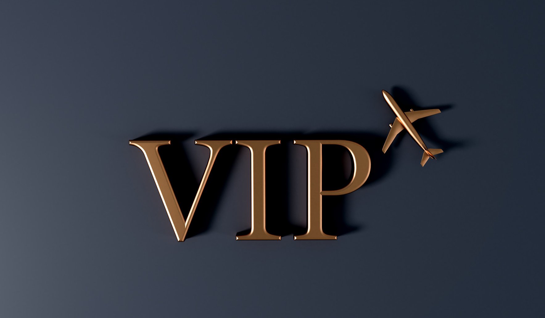 VIP airplane travel service gold background. 3D Rendering